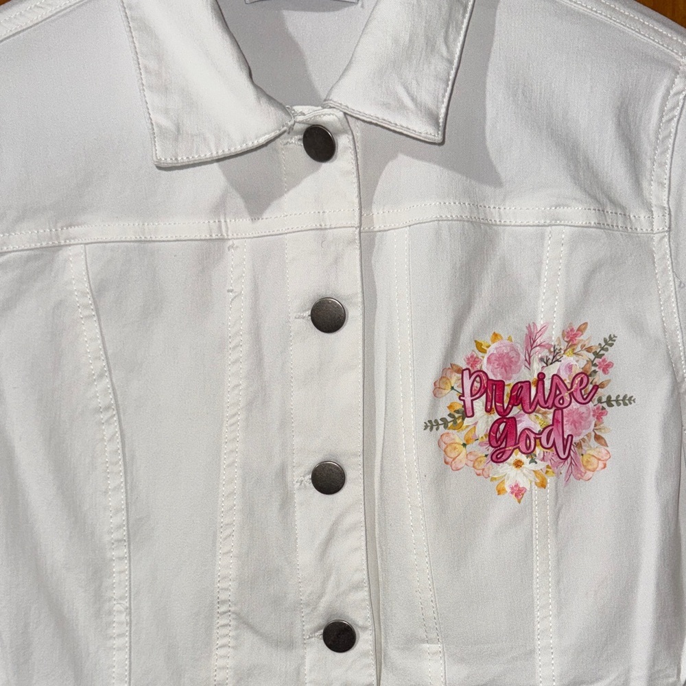 Christopher & Banks White Jean Jacket with Pink Floral Design - Picture 3 of 8